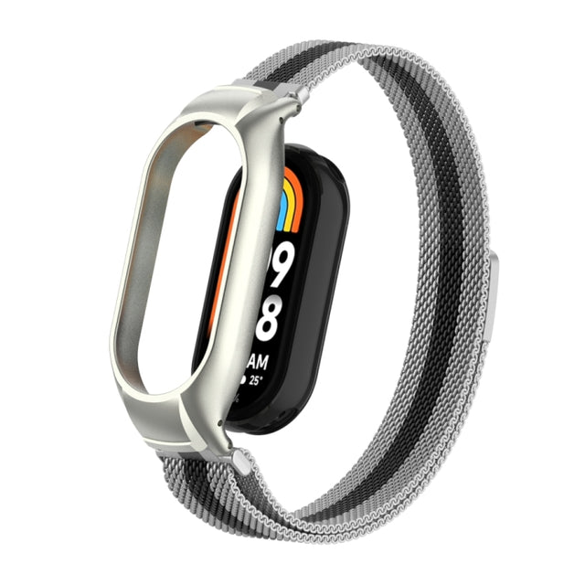 For Xiaomi Mi Band 8 Integrated Metal Case + Milanese Magnetic Watch Band(Silver+Black)