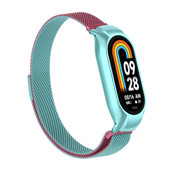 For Xiaomi Mi Band 8 Integrated Metal Case + Milanese Magnetic Watch Band(Pink Blue)
