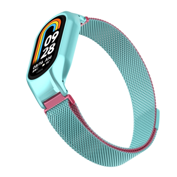 For Xiaomi Mi Band 8 Integrated Metal Case + Milanese Magnetic Watch Band(Pink Blue)