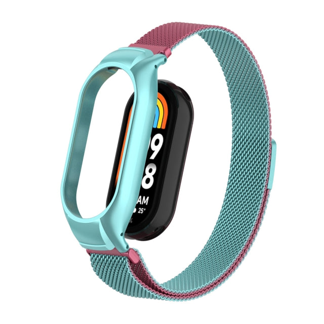 For Xiaomi Mi Band 8 Integrated Metal Case + Milanese Magnetic Watch Band(Pink Blue)