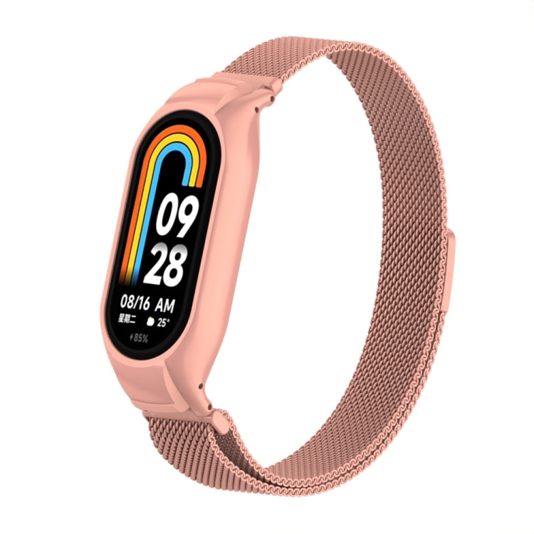 For Xiaomi Mi Band 8 Integrated Metal Case + Milanese Magnetic Watch Band(Bright Pink)