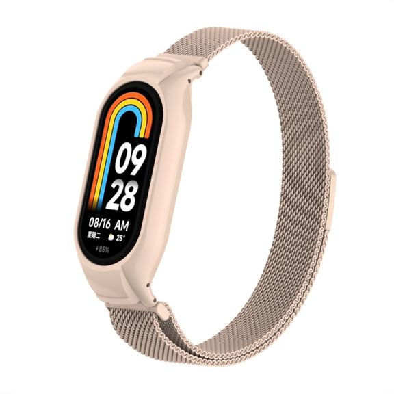 For Xiaomi Mi Band 8 Integrated Metal Case + Milanese Magnetic Watch Band(Lotus Pink)