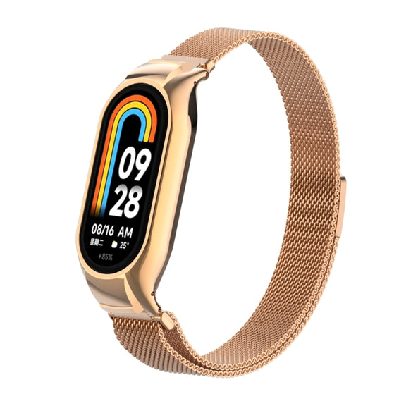 For Xiaomi Mi Band 8 Integrated Metal Case + Milanese Magnetic Watch Band(Rose Gold)