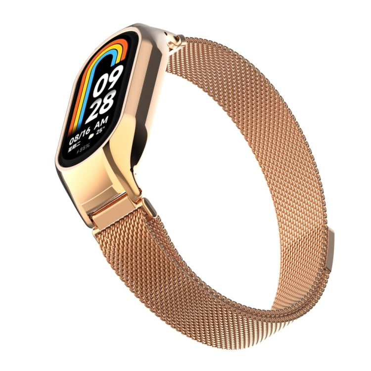 For Xiaomi Mi Band 8 Integrated Metal Case + Milanese Magnetic Watch Band(Rose Gold)