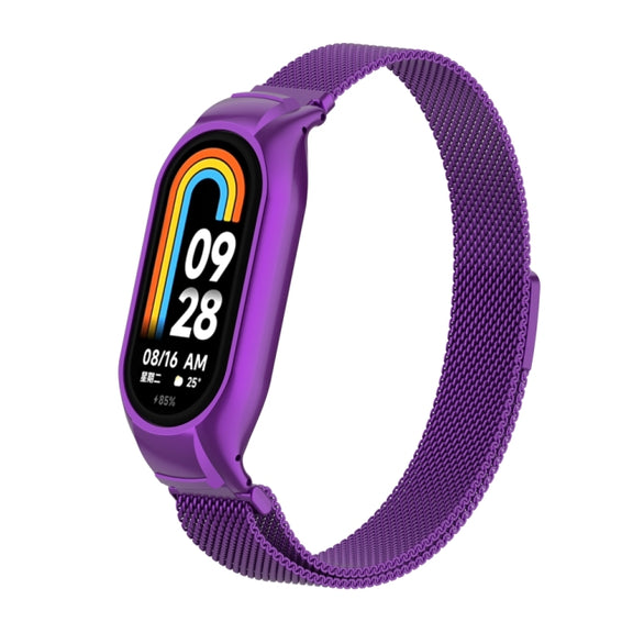 For Xiaomi Mi Band 8 Integrated Metal Case + Milanese Magnetic Watch Band(Purple)