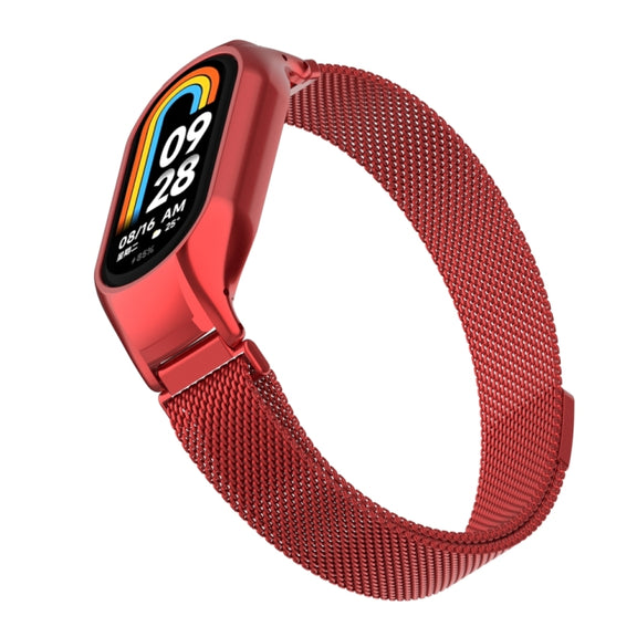 For Xiaomi Mi Band 8 Integrated Metal Case + Milanese Magnetic Watch Band(Red)
