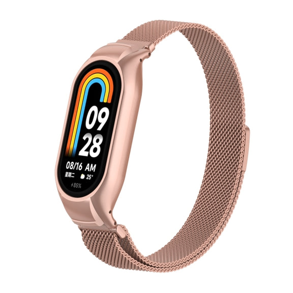 For Xiaomi Mi Band 8 Integrated Metal Case + Milanese Magnetic Watch Band(Rose Red)