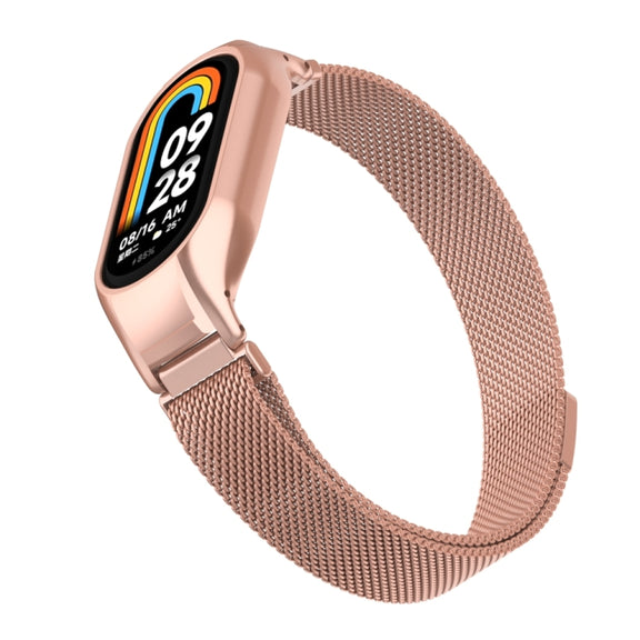 For Xiaomi Mi Band 8 Integrated Metal Case + Milanese Magnetic Watch Band(Rose Red)
