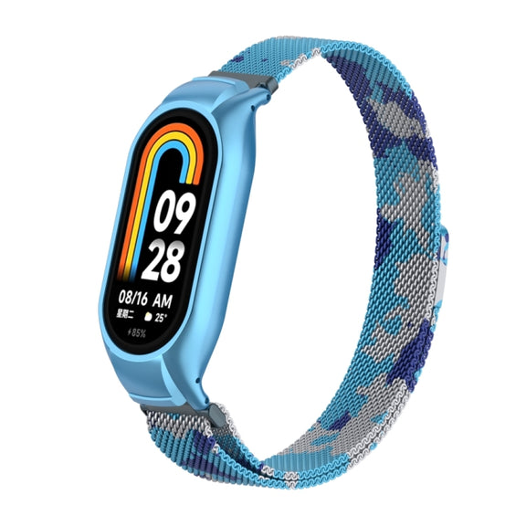 For Xiaomi Mi Band 8 Integrated Metal Case + Milanese Magnetic Watch Band(Camouflage Blue)
