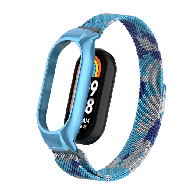 For Xiaomi Mi Band 8 Integrated Metal Case + Milanese Magnetic Watch Band(Camouflage Blue)
