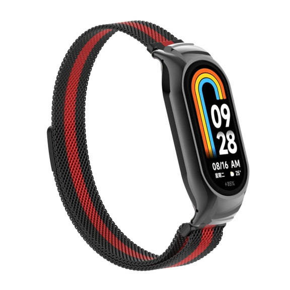 For Xiaomi Mi Band 8 Integrated Metal Case + Milanese Magnetic Watch Band(Black+Red)