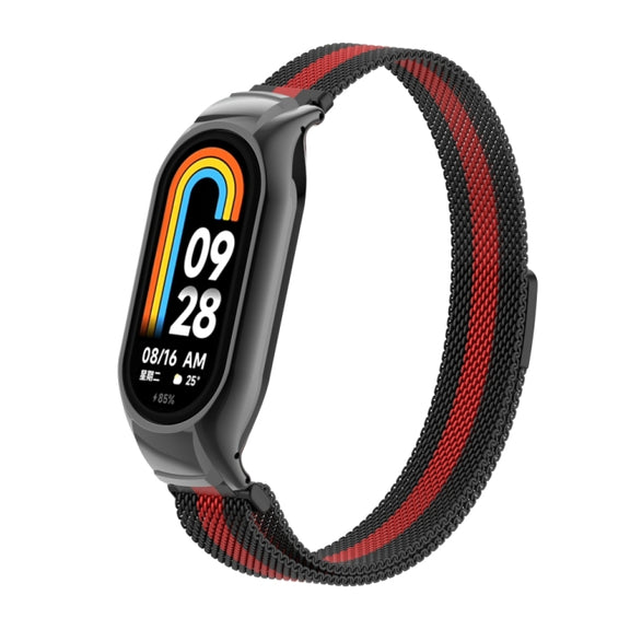 For Xiaomi Mi Band 8 Integrated Metal Case + Milanese Magnetic Watch Band(Black+Red)