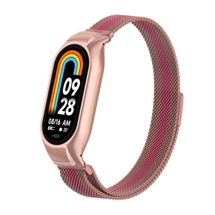 For Xiaomi Mi Band 8 Integrated Metal Case + Milanese Magnetic Watch Band(Rose+Pink)