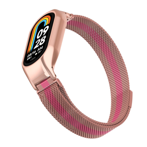 For Xiaomi Mi Band 8 Integrated Metal Case + Milanese Magnetic Watch Band(Rose+Pink)