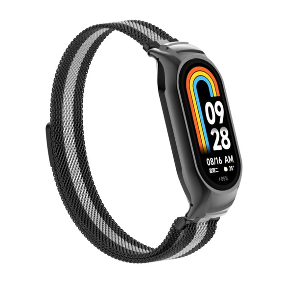 For Xiaomi Mi Band 8 Integrated Metal Case + Milanese Magnetic Watch Band(Black+Silver)