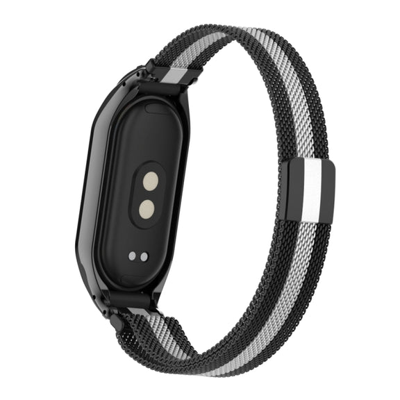 For Xiaomi Mi Band 8 Integrated Metal Case + Milanese Magnetic Watch Band(Black+Silver)