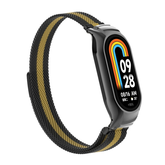 For Xiaomi Mi Band 8 Integrated Metal Case + Milanese Magnetic Watch Band(Black+Gold)