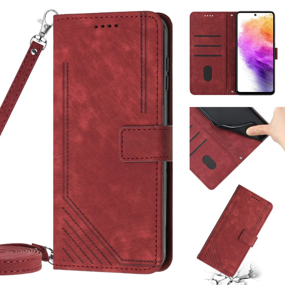 For Samsung Galaxy A03 EU 166mm Skin Feel Stripe Pattern Leather Phone Case with Lanyard(Red)