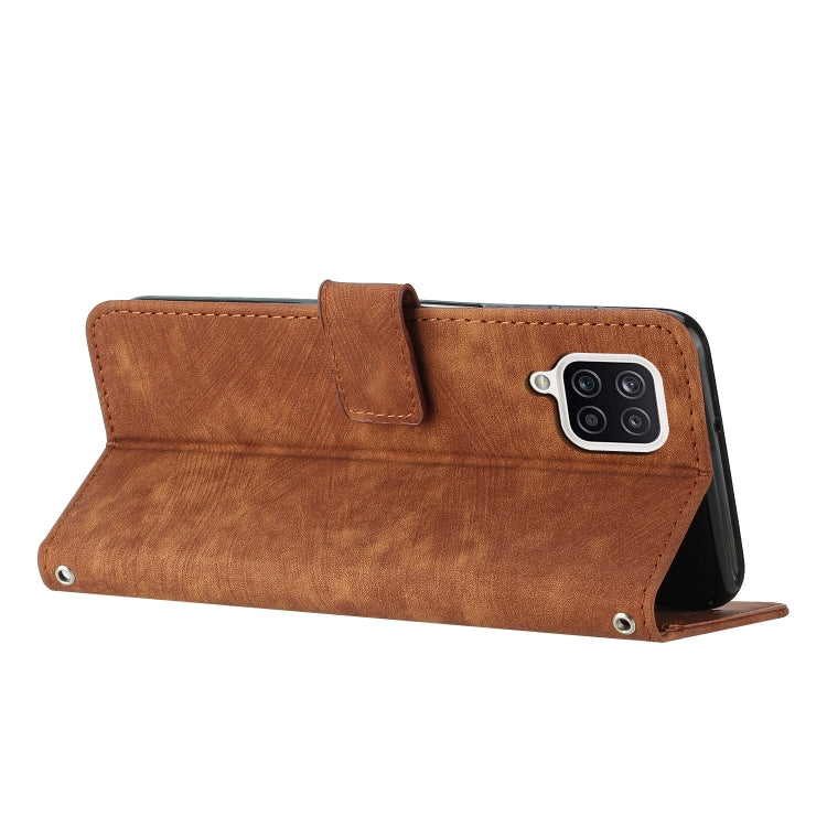 For Samsung Galaxy A12 4G / M12 / F12 4G Skin Feel Stripe Pattern Leather Phone Case with Lanyard(Brown) - free shipping - PMC TechLife - Order now!