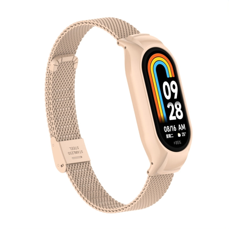For Xiaomi Mi Band 8 Integrated Metal Case + Steel Mesh Buckle Watch Band(Milk Tea Color) - Smart Wear by PMC TechLife | Online Shopping South Africa | PMC TechLife