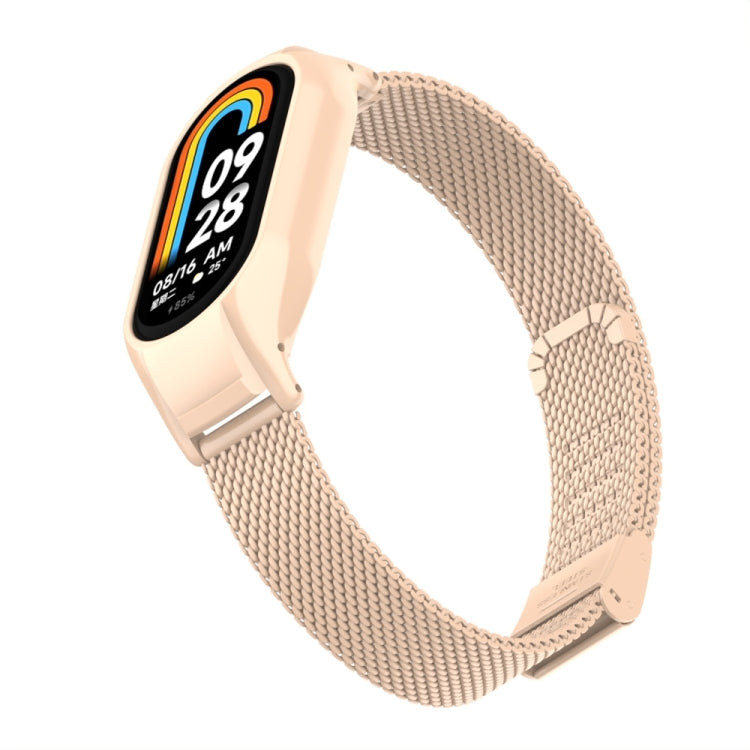 For Xiaomi Mi Band 8 Integrated Metal Case + Steel Mesh Buckle Watch Band(Milk Tea Color) - Smart Wear by PMC TechLife | Online Shopping South Africa | PMC TechLife