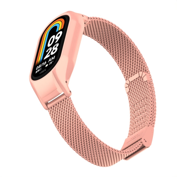 For Xiaomi Mi Band 8 Integrated Metal Case + Steel Mesh Buckle Watch Band(Bright Pink)