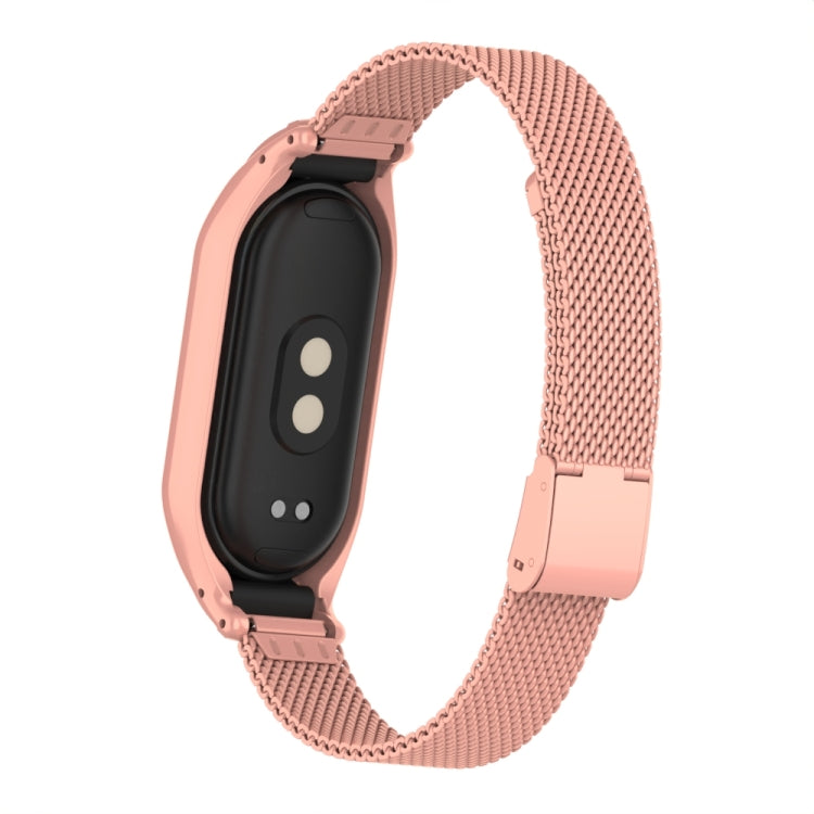 For Xiaomi Mi Band 8 Integrated Metal Case + Steel Mesh Buckle Watch Band(Bright Pink)