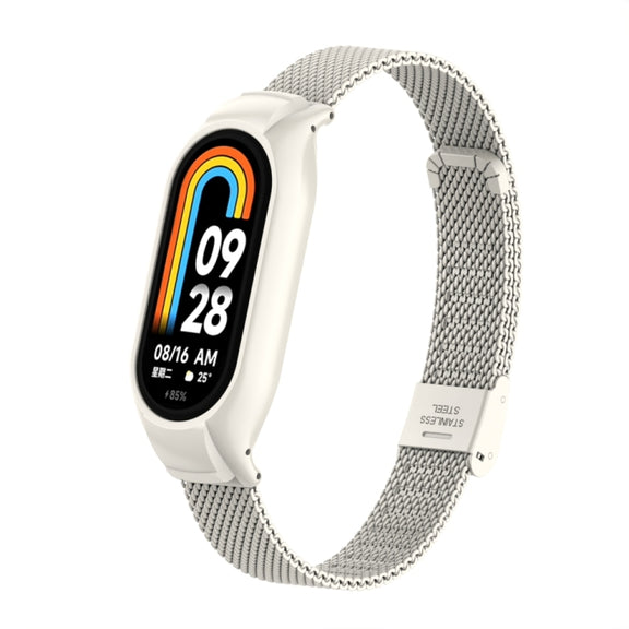 For Xiaomi Mi Band 8 Integrated Metal Case + Steel Mesh Buckle Watch Band(Beige)