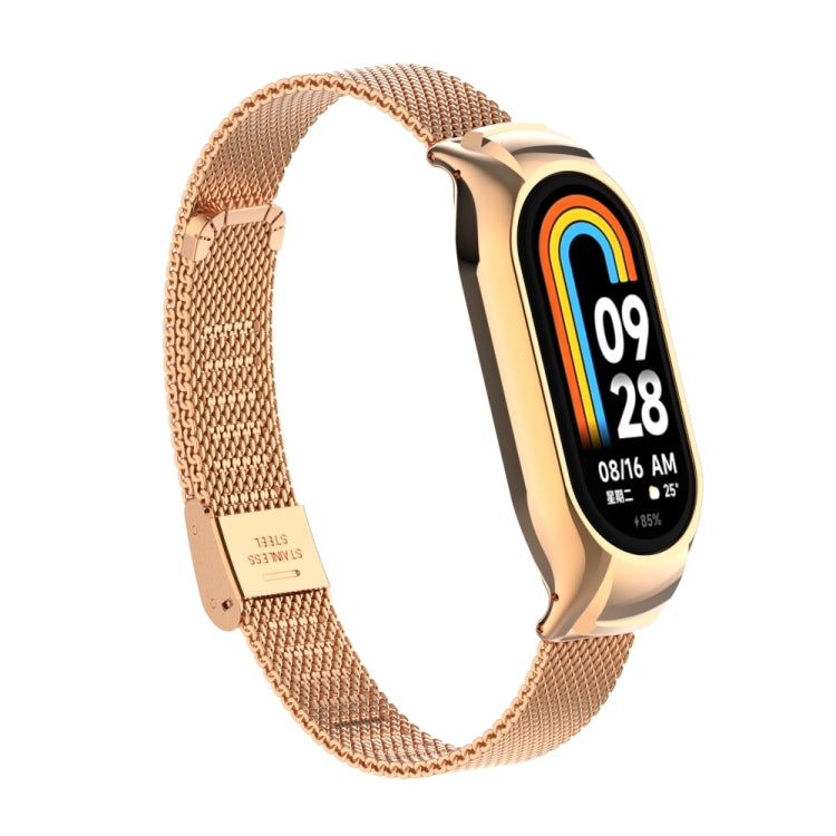 For Xiaomi Mi Band 8 Integrated Metal Case + Steel Mesh Buckle Watch Band(Rose Gold)
