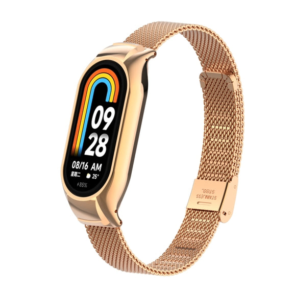 For Xiaomi Mi Band 8 Integrated Metal Case + Steel Mesh Buckle Watch Band(Rose Gold)
