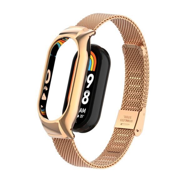 For Xiaomi Mi Band 8 Integrated Metal Case + Steel Mesh Buckle Watch Band(Rose Gold)