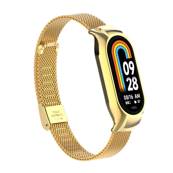 For Xiaomi Mi Band 8 Integrated Metal Case + Steel Mesh Buckle Watch Band(Gold)