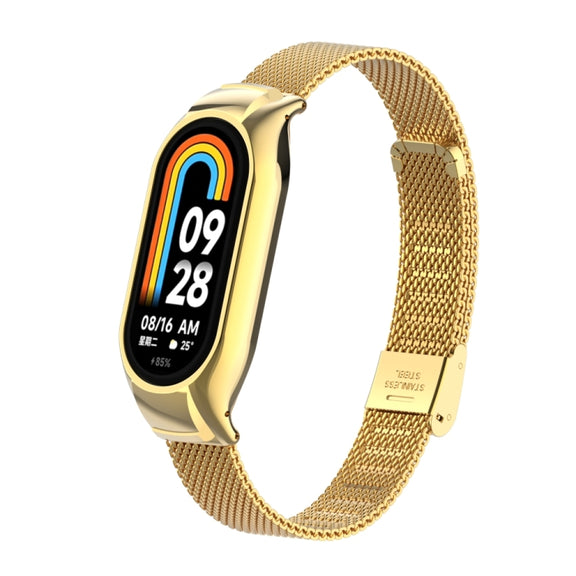 For Xiaomi Mi Band 8 Integrated Metal Case + Steel Mesh Buckle Watch Band(Gold)