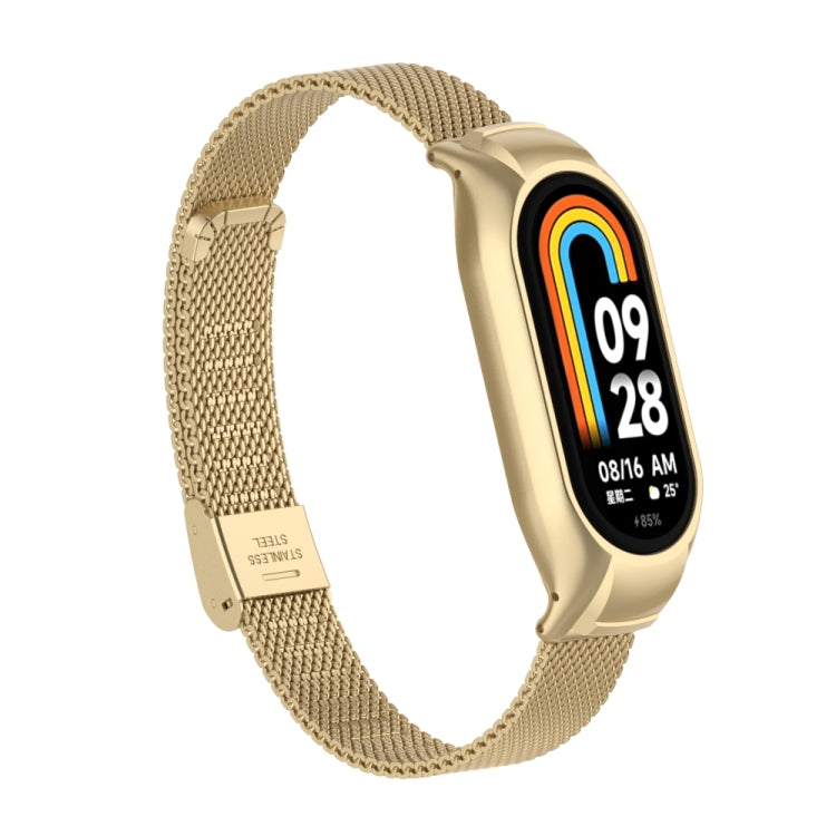 For Xiaomi Mi Band 8 Integrated Metal Case + Steel Mesh Buckle Watch Band(Retro Gold)