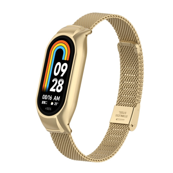 For Xiaomi Mi Band 8 Integrated Metal Case + Steel Mesh Buckle Watch Band(Retro Gold)