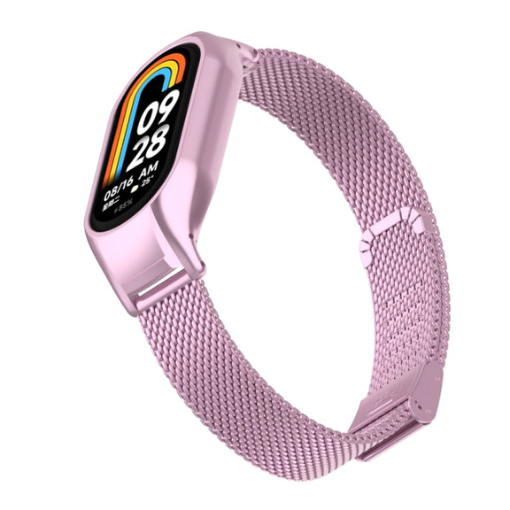 For Xiaomi Mi Band 8 Integrated Metal Case + Steel Mesh Buckle Watch Band(Rose Pink)