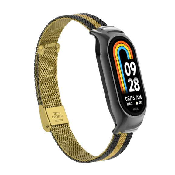 For Xiaomi Mi Band 8 Integrated Metal Case + Steel Mesh Buckle Watch Band(Black+Gold)