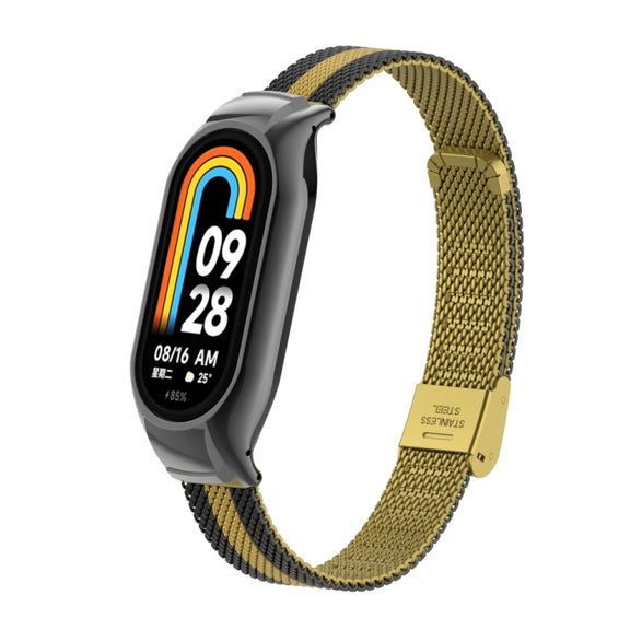 For Xiaomi Mi Band 8 Integrated Metal Case + Steel Mesh Buckle Watch Band(Black+Gold)