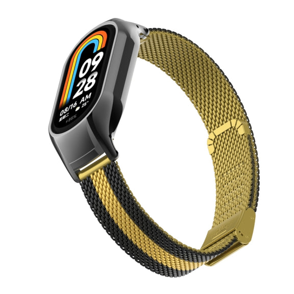 For Xiaomi Mi Band 8 Integrated Metal Case + Steel Mesh Buckle Watch Band(Black+Gold)