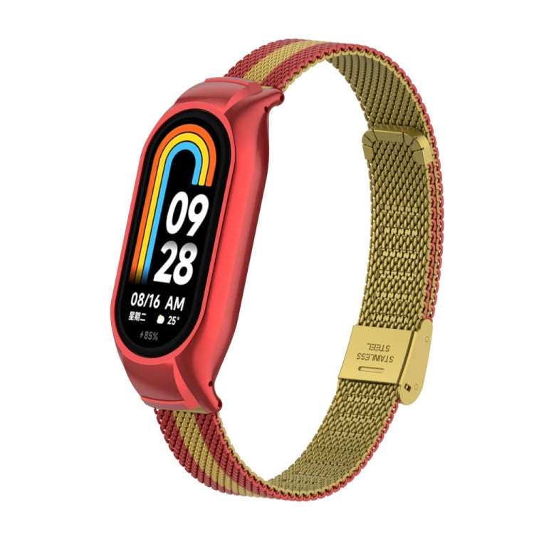 For Xiaomi Mi Band 8 Integrated Metal Case + Steel Mesh Buckle Watch Band(Red+Gold) - Smart Wear by PMC TechLife | Online Shopping South Africa | PMC TechLife