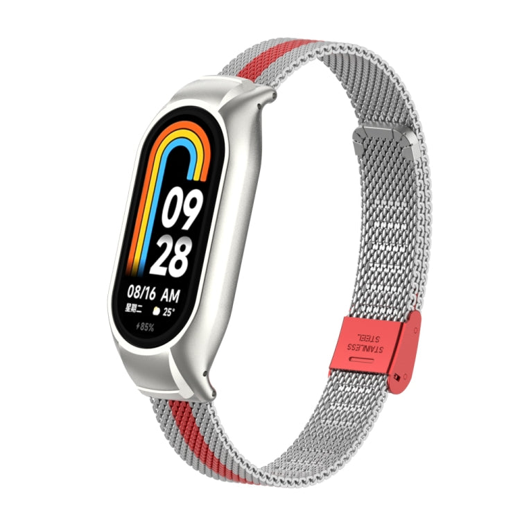 For Xiaomi Mi Band 8 Integrated Metal Case + Steel Mesh Buckle Watch Band(Silver+Red)
