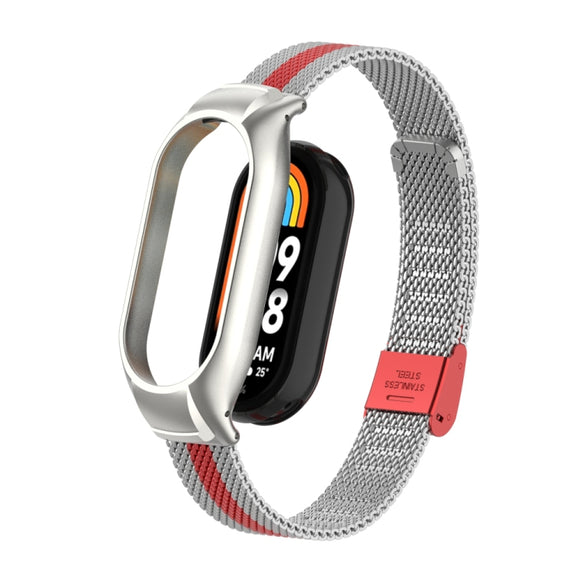 For Xiaomi Mi Band 8 Integrated Metal Case + Steel Mesh Buckle Watch Band(Silver+Red)