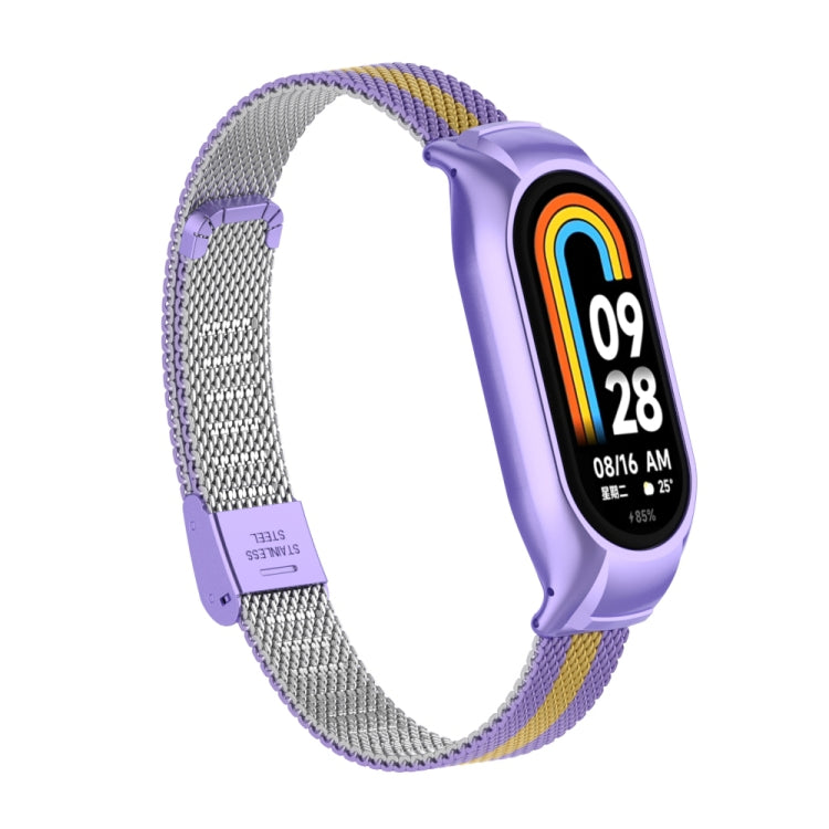 For Xiaomi Mi Band 8 Integrated Metal Case + Steel Mesh Buckle Watch Band(Purple+Gold)