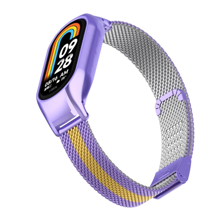 For Xiaomi Mi Band 8 Integrated Metal Case + Steel Mesh Buckle Watch Band(Purple+Gold)
