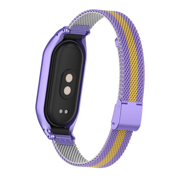 For Xiaomi Mi Band 8 Integrated Metal Case + Steel Mesh Buckle Watch Band(Purple+Gold)