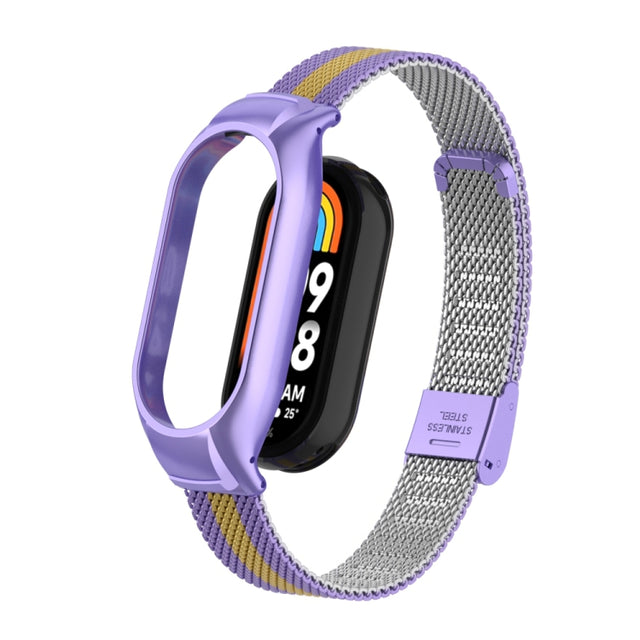 For Xiaomi Mi Band 8 Integrated Metal Case + Steel Mesh Buckle Watch Band(Purple+Gold)