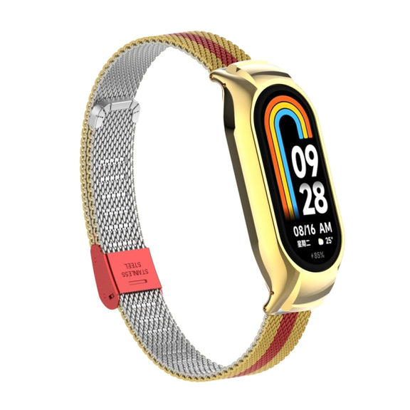 For Xiaomi Mi Band 8 Integrated Metal Case + Steel Mesh Buckle Watch Band(Gold+Red)