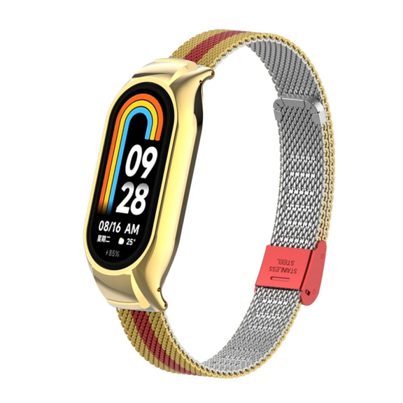 For Xiaomi Mi Band 8 Integrated Metal Case + Steel Mesh Buckle Watch Band(Gold+Red)