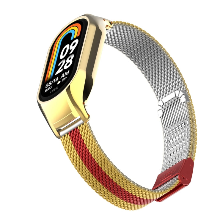 For Xiaomi Mi Band 8 Integrated Metal Case + Steel Mesh Buckle Watch Band(Gold+Red) - Smart Wear by PMC TechLife | Online Shopping South Africa | PMC TechLife