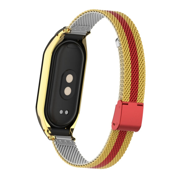 For Xiaomi Mi Band 8 Integrated Metal Case + Steel Mesh Buckle Watch Band(Gold+Red)